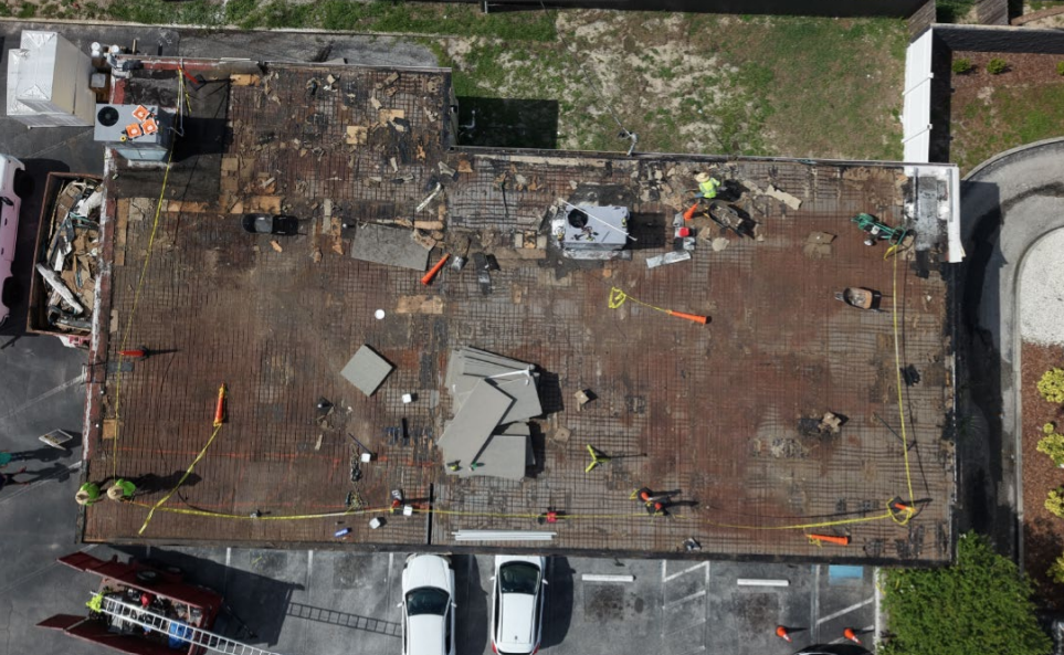 Together Credit Union — before re-build, aerial view of stripped roof deck